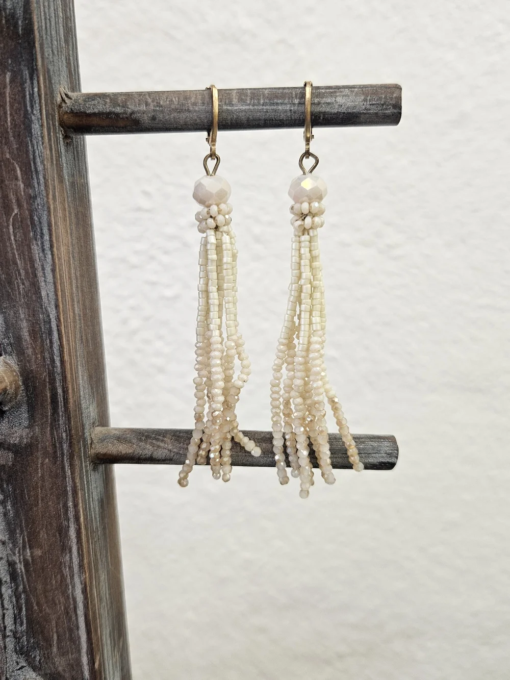 Handmade Cream Beaded Tassel Earrings - Unbranded